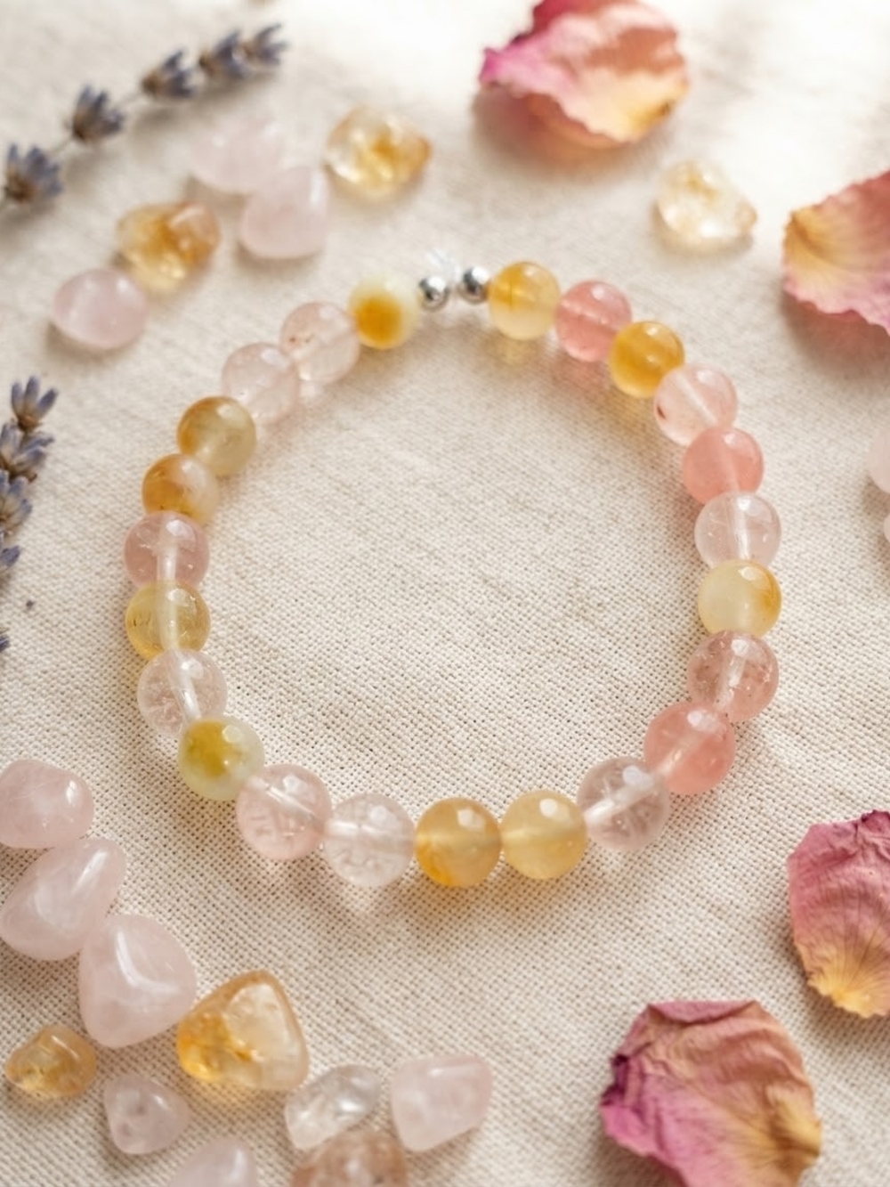 Multicolor Rose Quartz & Citrine Beaded Stretch Bracelet 7inch Stretch